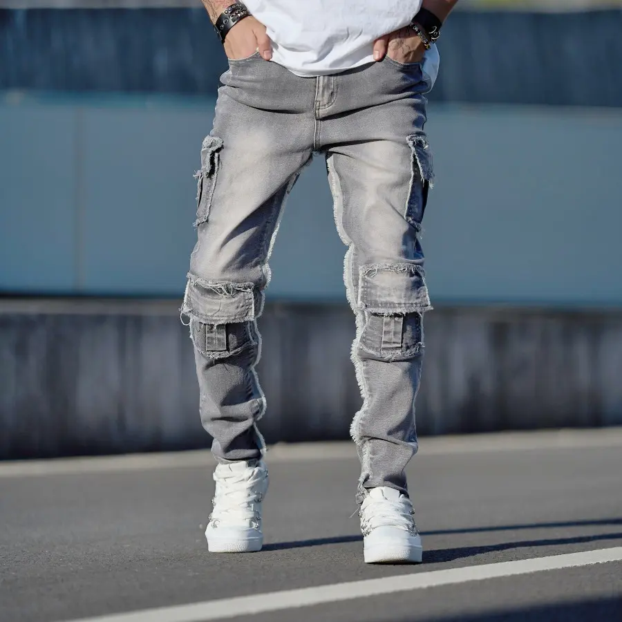 YYT1 New Menswear Slim Denim Cargo Jeans - Stylish, Multi-Pocket, Plain Casual Trousers for Men with Cargo Details, Quality Fabric, Machine Washable
