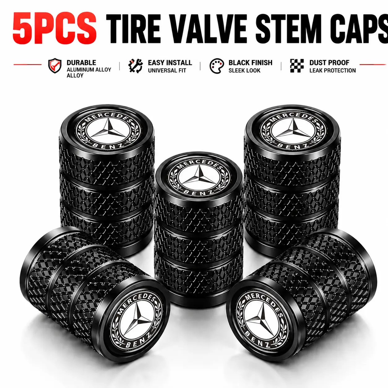5PCS Tire Valve Stem Caps for Mercedes Benz GLC GLE C Class E Class GLA GLS CLA GLB S Class Aluminum Alloy Air Valve Caps Dust Proof Leak Proof Tire Stem Covers Car Accessories Black Red