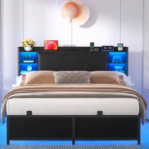 Homieasy Bed Frame with Charging Station and RGB LED Lights, Sturdy Platform Bed with Upholstered Storage Headboard, Solid Metal Slats, Noise Free, No Box Spring Needed, Easy Assembly, Full Size Black