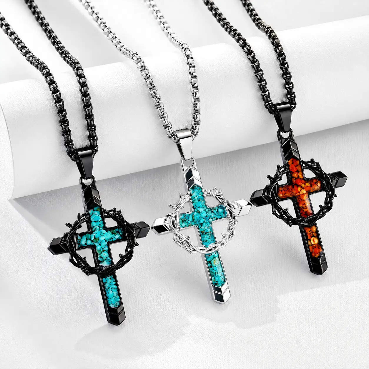Cross Turquoise Necklace, Stainless Steel Thorns Cross Pendant Necklace ,Religious Christian Jewelry Gifts for Women Men