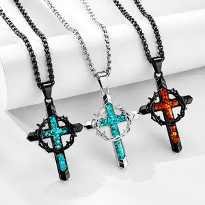 Cross Turquoise Necklace, Stainless Steel Thorns Cross Pendant Necklace ,Religious Christian Jewelry Gifts for Women Men