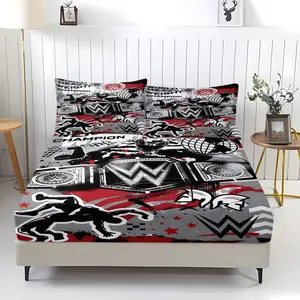 Wwe World Heavyweight Championship Bedding Set, 1 Bedsheet And 2 Pillowcases, Graffiti Style Wrestling Themed Bedding, Decorative Bedding, Bedroom Accessories, Bedrooms And Dormitories For Children, Teenagers, And Wwe Fans