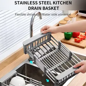 Stainless Steel Kitchen Drain Rack, Adjustable Sink Organizer, Home Dining Utensil Holder, Bowl and Chopstick Storage Shelf