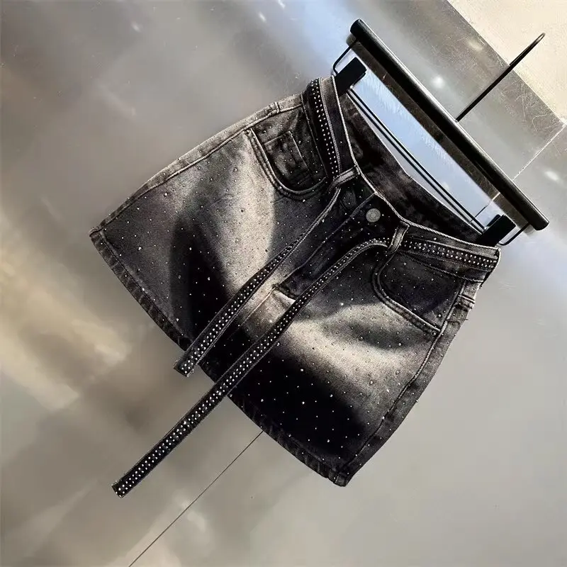Women's Summer Sequined Gradient Denim Half-Length Skirt - Pocket, Festival, Hip, Breathable, Casual, Party Vintage Style, Bling Design, Secure Fit, Edgy Bottoms That Prevents Underwear Exposure, Shorts, Comfortable, Stretchy, Fabric, Girl, Jean Skirt, Rh
