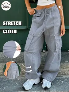 GILIPUR Women's Gray Elastic Waist Adjustable Cargo Pants, Loose Wide Leg Drawstring Trousers with Multi Pockets, Casual Fashion Streetwear Y2K Joggers