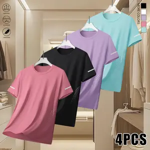 Set of 4 women’s crew-neck short-sleeve tops featuring a simple, minimalist design—suitable for sports, the gym, and everyday casual wear; summer women’s short-sleeve tops.
