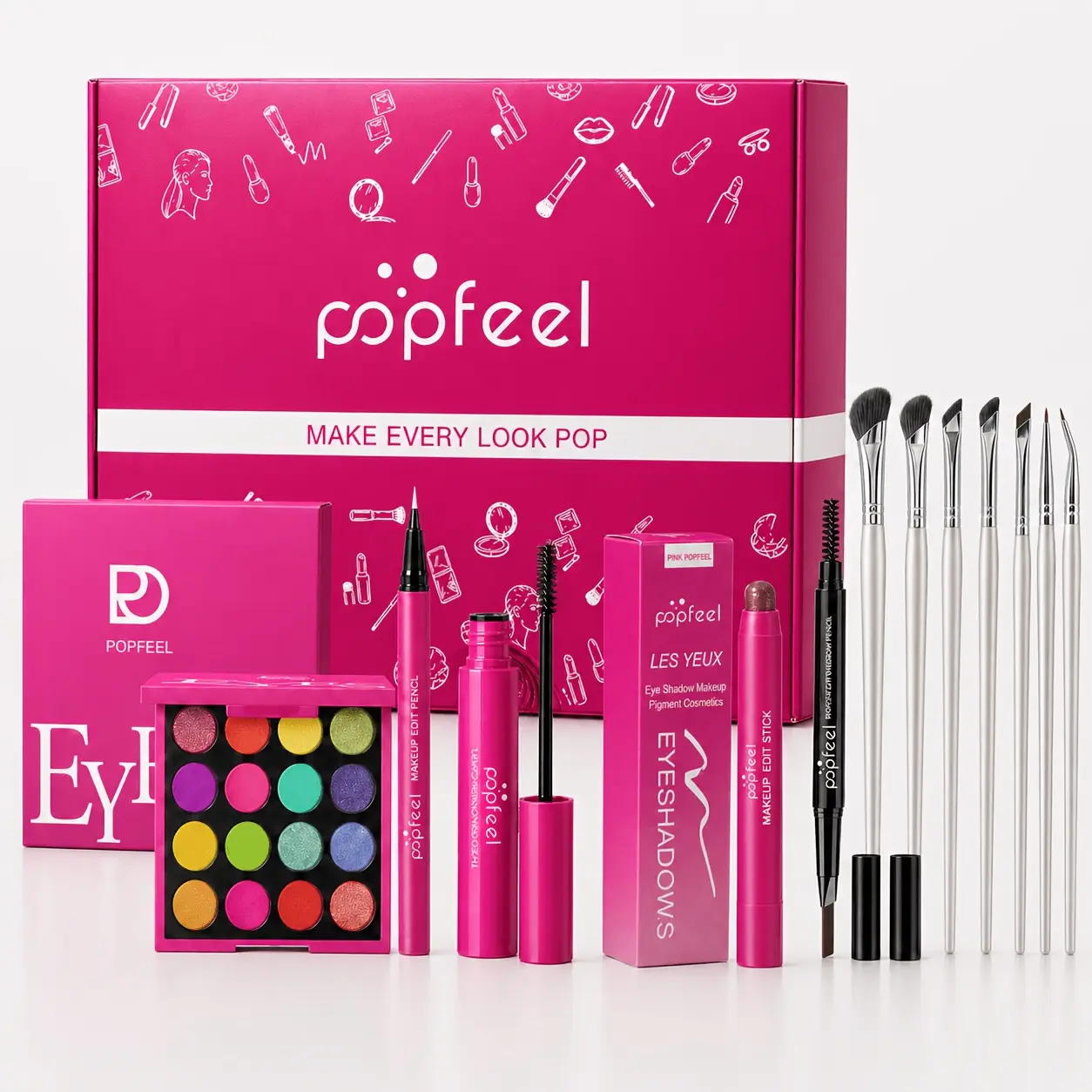 Eye Makeup Kit for Women and Teens, 16-Color Rainbow Eyeshadow Palette with Matte and Shimmer Shades, Eyeliner, Mascara, Brow Pencil, Eyeshadow Stick and Makeup Brush Set