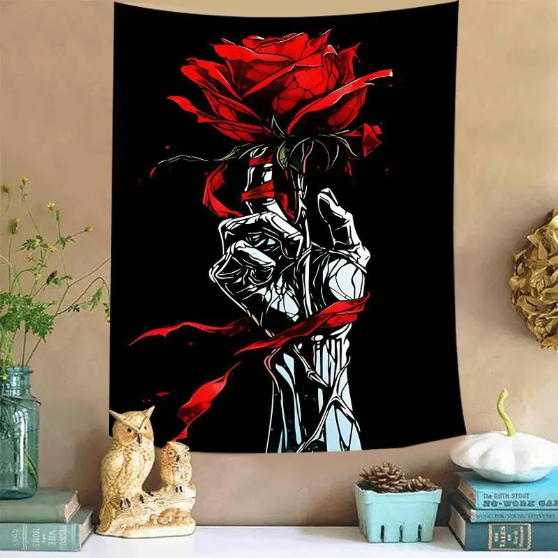 Gothic Red Rose & Skull Print Velvet Decorative Tapestry - Polyester, Wrinkle Resistant Goth Home Decor, Eclectic Tapestry Style Room Art for Bedroom Hanging Wall Art, Wall Decor