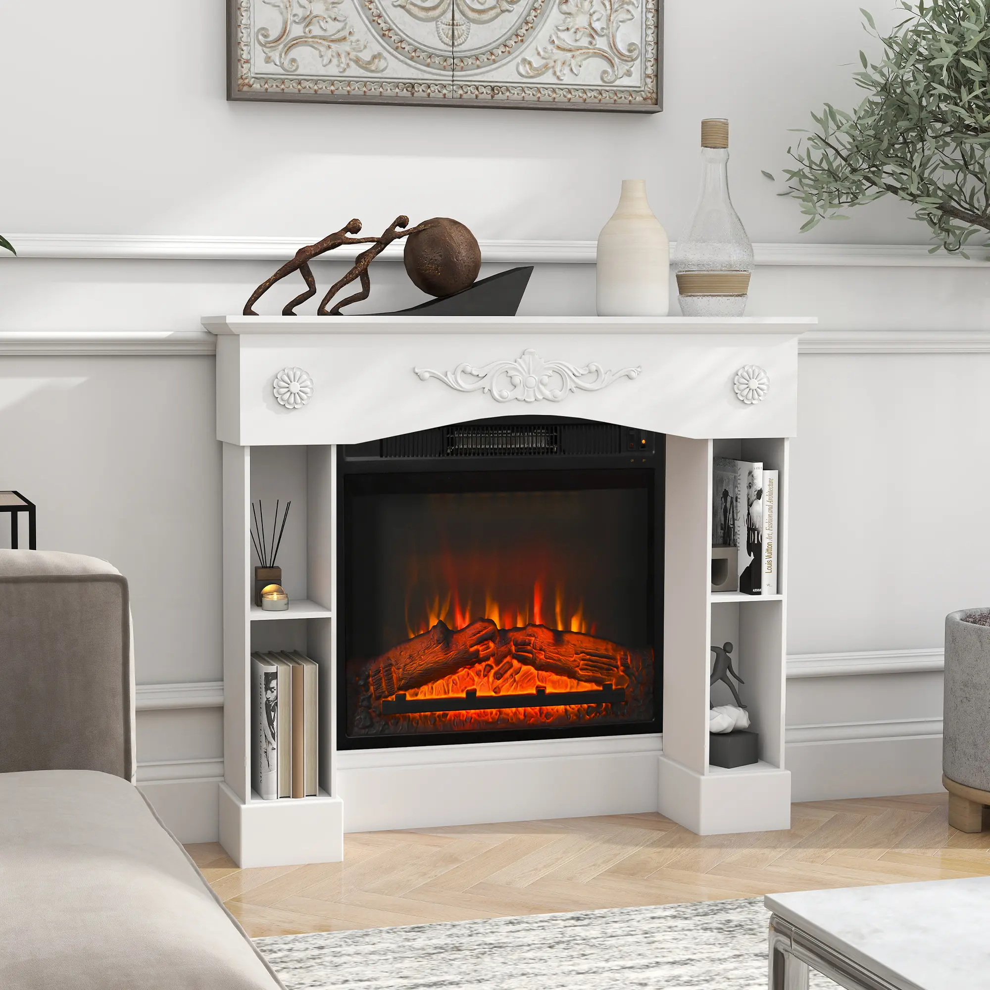 Decorative Fireplace Mantel White Baroque Design Spacious Top Board for Photos Vases for Condo Basement Media Room Anti Tipping Kit Included