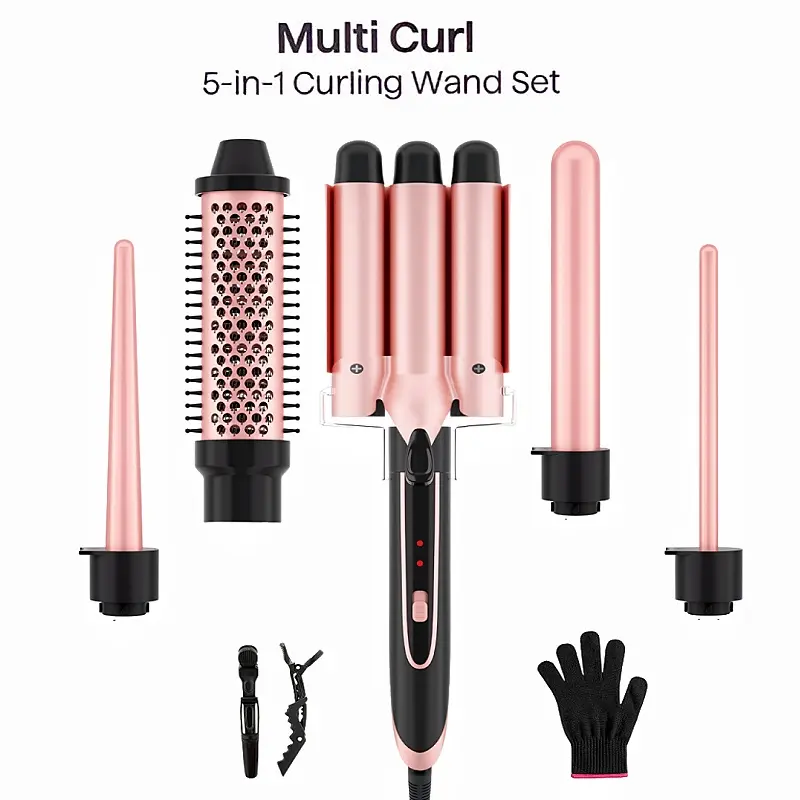 Heikki Vision 5-in-1 Hair Curler Waver Set, Professional Curling Iron Kit with 4 Interchangeable Tourmaline Ceramic Barrels, Hot Brush, Glove & Clips, Instant Heat Hair Tools, Curly Hair