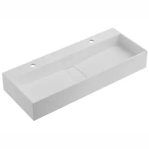 47 in. Wall-Mount or Countertop Bathroom Hidden Drain Sink with Double Faucet Holes in Matte White