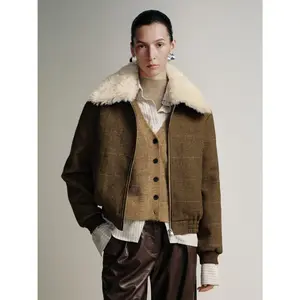 URBAN REVIVO 2026 Winter New Women's Casual Wool Blend Long Sleeves Coat - Brown Checkered Fabric, Faux Fur Lapel, Amber Luminous Panel, Central Zipper, Medium Length, Relaxed Cut, Comfortable Everyday Elegant Clothes UWG150134