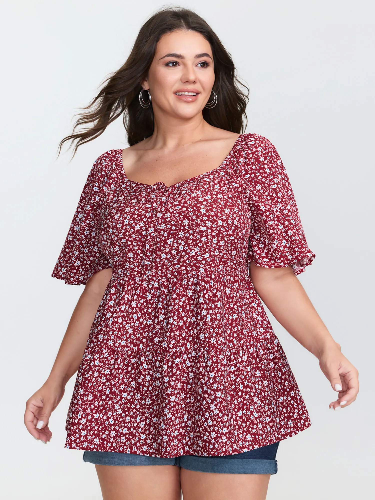 BloomChic Women's Plus Size Curvy Tunic - Ditsy Floral Print, Sweetheart Neck, Half Sleeve, Polyester Blend Spandex Fabric, Smooth Knot Detail, Fitted Blouse, 1-6X Sizes, Summer Clothes, Garment, Shirts, Plussize, Curvy Clothing, Casual Wear, Smooth Finis