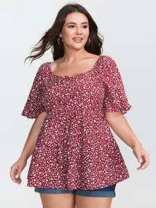 BloomChic Women's Plus Size Micro Floral Print Sweetheart Neck Garment Top - Spandex Fabric, Smooth Knot Detail, Fitted Blouse Shirts, Short Sleeve, M-6X Sizes, 2026 Summer Mother's Day Pick Swimweek