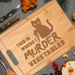 Cat & Knife Pattern Bamboo Cutting Board, Non-stick Rectangular Design Chopping Board, Wooden Chopping Board, Kitchen Decor & Housewarming Gift Idea