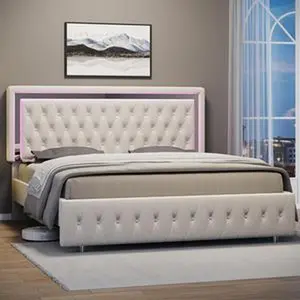 【Bed Frame Only】VanAcc LED Bed Frame with Led Lights Adjustable Headboard Velvet Button Tufted/Acrylic Mirror Accents, No Box Spring Needed/Christmas Gift