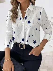 Women's Elegant Geometric Printed Collared Blouse, Long Sleeve Casual Shirt, Perfect for All Seasons, Stylish Ladies' Top for Daily Wear, Fit