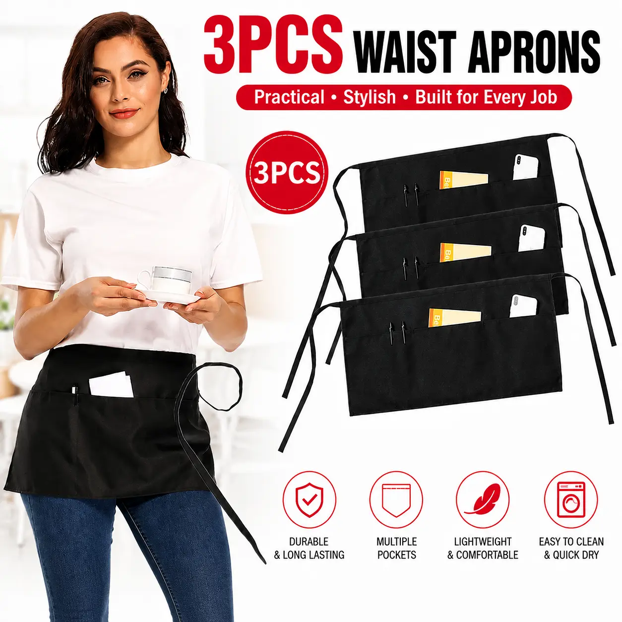 Polyester Pocketed Waist Aprons 3-Pack - Adjustable Wide Straps, 3 Pockets, 1 Size, All Purpose Protective White Home Supplies for Waitress Servers, Kitchen Cooking, Pocketed Aprons