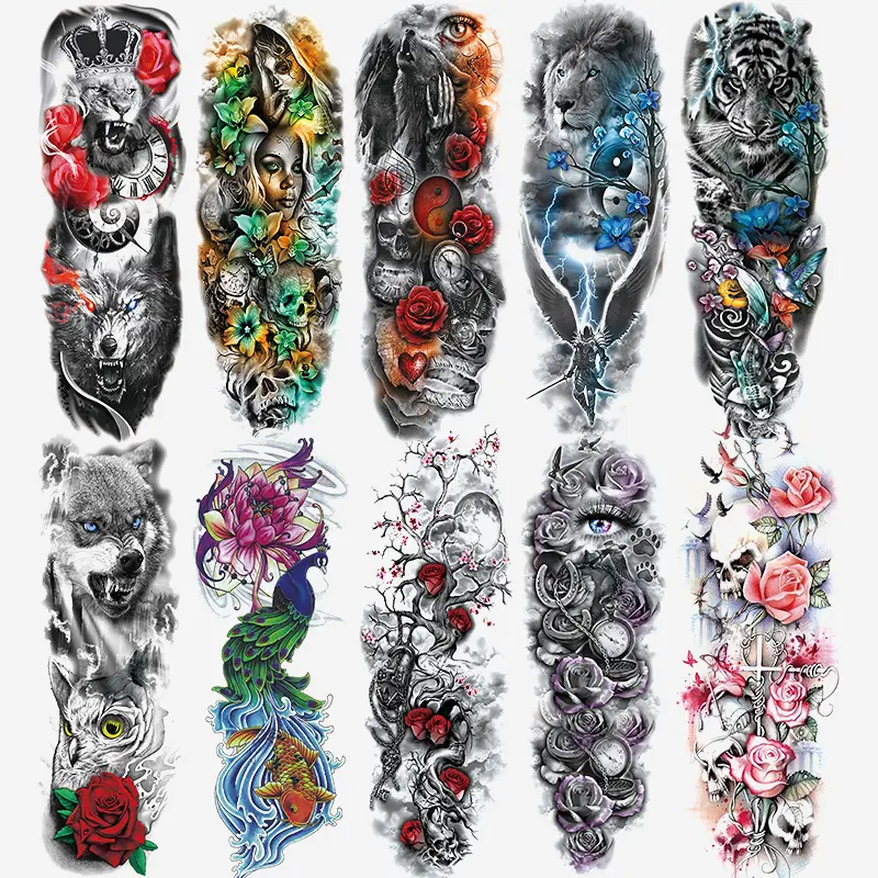 10 Pcs Full Arm Moon Rose Wolf Temporary Tattoo Sleeves, Gothic Skull Tattoo, Realistic Waterproof Body Art Stickers for Adults, Arm & Thigh Tattoos, Fake Tattoos, Ephemeral Tattoos