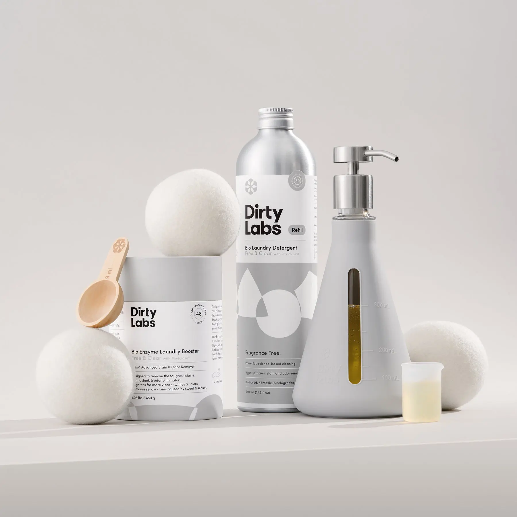 Sustainable Laundry Starter Set - Free & Clear - Unscented, Fragrance-Free - Laundry Detergent (80 Loads), Booster (48 Loads), Dryer Balls (3 Pack), and Refillable Pump - Gentle Cleaning Formula for Sensitive Skin