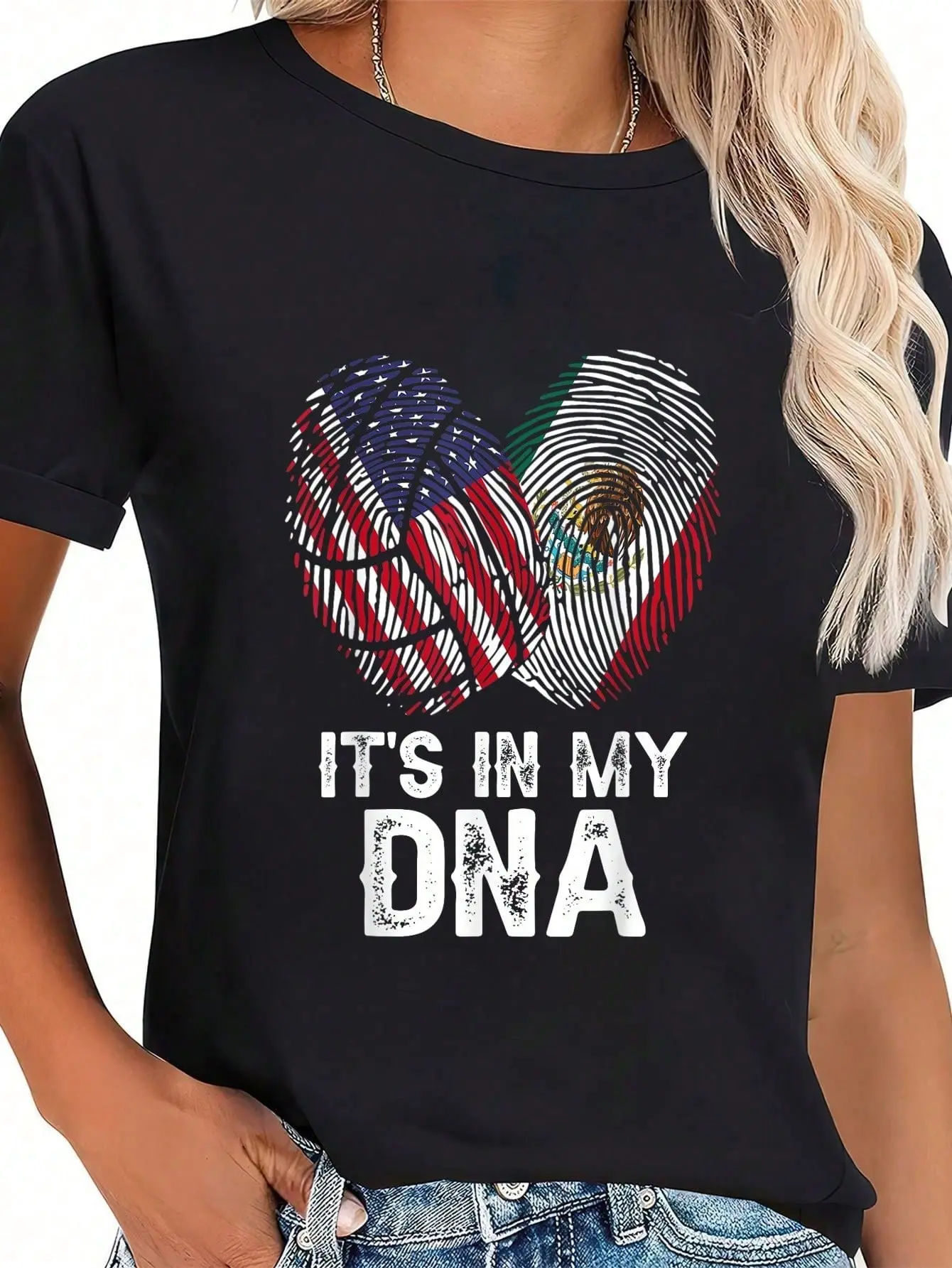 Women's "Mexico In My DNA" Graphic T-Shirt, Vintage Style 100% Cotton Tee with Heart Print, Casual Round Neck Short Sleeve Summer Top for Mexican Pride, Shortsleeve, Everyday, Tshirt, Streetwear, Distressed, Distressed Tee, Mexican Print Women's T-Shirts