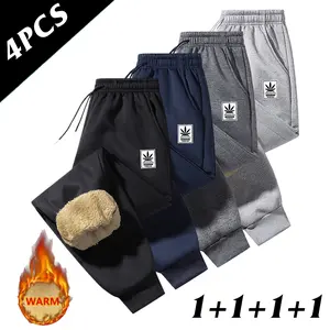 4 Pack Men's Autumn & Winter Heavyweight Trousers - Slim Straight Full Zip Active Jogger Pants with Elastic Cuffs & Drawstring Waistband, Polyester Fiber, Casual Workout Pants, Fleece Lined Thick Plush Interior, Warm Athletic Trousers with Pockets Ideal f