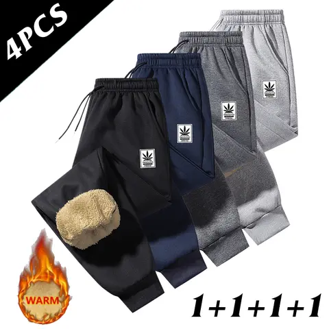 4 Pack Men's Autumn & Winter Heavyweight Trousers - Slim Straight Full Zip Active Jogger Pants with Elastic Cuffs & Drawstring Waistband, Polyester Fiber, Casual Workout Pants, Fleece Lined Thick Plush Interior, Warm Athletic Trousers with Pockets Ideal f
