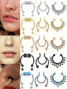 3pcs Fake Nose Ring Set for Women & Men, Clip-On Faux Nose Piercings, Non-Piercing Septum Cuffs, Stylish Lip Rings Accessory, Nose Ring Jewelry