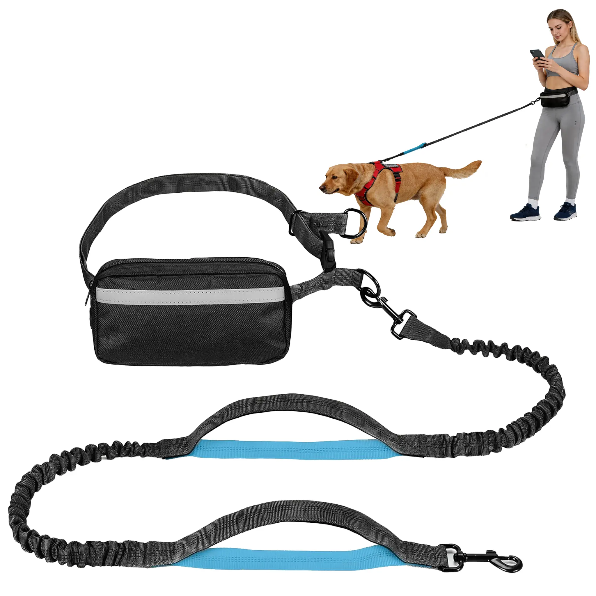 Hands-Free Waist Dog Leash for Single or Dual Dogs, Tangle-Free Dual Bungee with 2 Swivel Clasps & Dual Handles, Adjustable Belt with Storage Pouch, Reflective for Running Hiking Walking Medium Large Pets