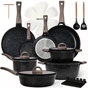 USELUCK Cookware Set 8-Pans 22-Piece Ceramic Cookware Set Non-Stick Kitchen Pots with Lids Creamy White Granite Finish Induction Cooktop Compatible Includes Glass Lids Crepe Pan PFOA/PFOS-Free Gift Boxed Kitchen Set,father'sdaygifts,campingessentials,camp