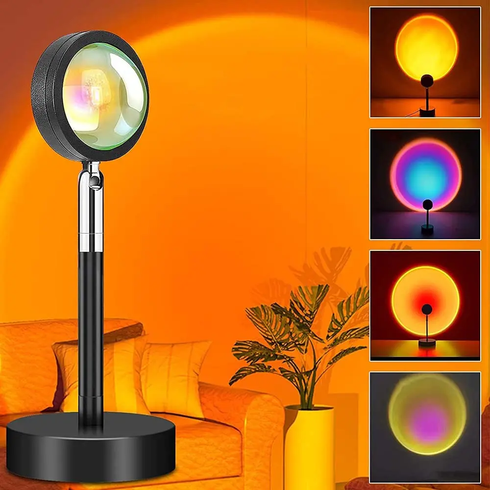 25.5x9.8cm Round Plastic Sunset Lamp Projector with Remote, 360-Degree Rotation, Adjustable Brightness, Iridescent Gradient Novelty Lighting for Selfie Photography, Home Decor, Indoor Mood Lighting & Cute Setup