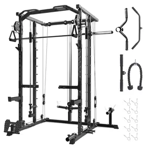 Garvee Power Cage, Smith Machine Squat Rack, Heavy Duty Power Rack for Home Gym with Pulley System, Dip Bar, LAT Pulldown, Multifunctional Squat Rack for Home Gym, Black