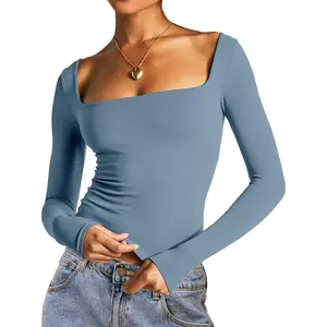 Long Sleeve Shirts for Women Solid Color Long Sleeve Square-Neck Basic T-Shirt Streetwear