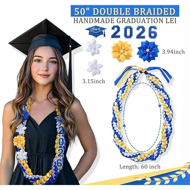 2026 Graduation Ribbon, Double-Braided Decorative Ribbon, Graduation Satin Ribbon, Contains 4 Satin Flowers