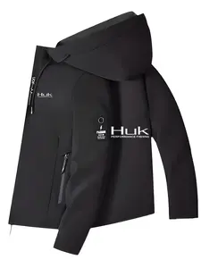 Men's Fashionable Huk Logo Jacket, Zipper Pocket, Casual Hooded Design, Polyester Material, Spring & Fall Wear, Slim-Fitting Outerwear