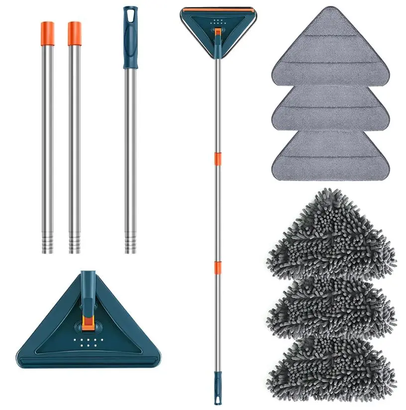 Sturdy Triangle Wall Cleaning Mop with Adjustable Long Extendable Handle, 360-Degree Rotatable Head, No-Touch Design, 6 Microfiber Pads, Home Cleaning Supplies, New Home Essential, Father’s Day Practical Gift campingessentials