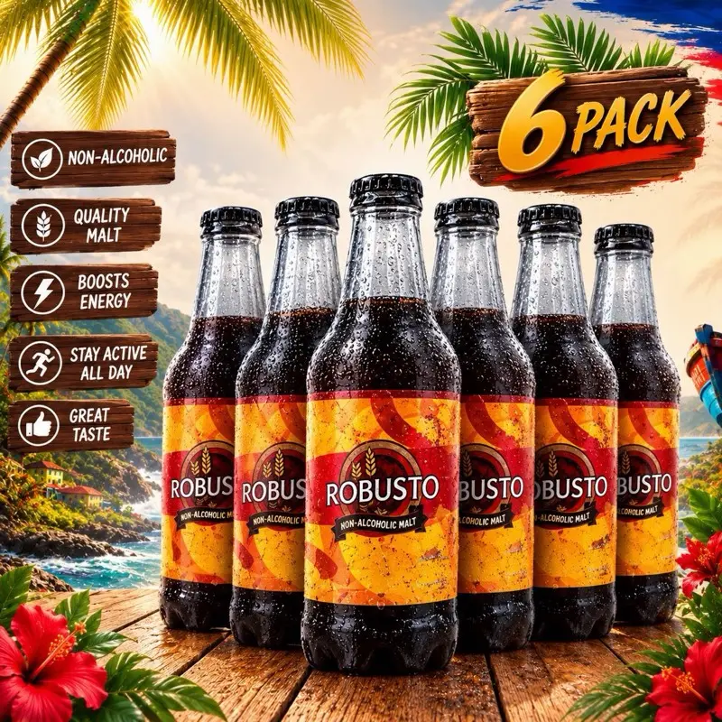 Robusto Carbonated Energy Drink - 6-Pack, 16 FL oz Sugar-Caramel Haitian Beverage with Vitamins, 150 Cal/Serving, Caffeine Energy Booster, Fitness Drink
