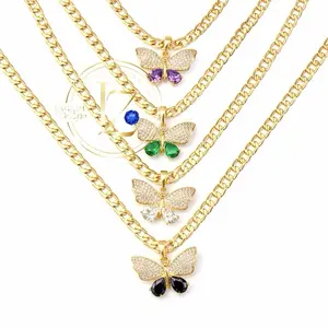 Cuban Chain Necklace with Butterfly Charms in Various Colors 4mm Gold-Tone Jewelry for Versatile Outfits