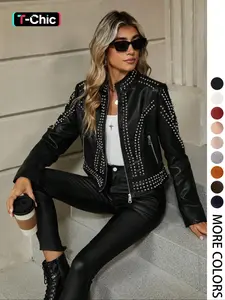 Women's Spring Autumn Jacket Coats, Casual Fitted Long Sleeve, Vintage Stand Collar, Rivet Motorcycle Jacket with Zipper Pockets, Womenswear, Tops