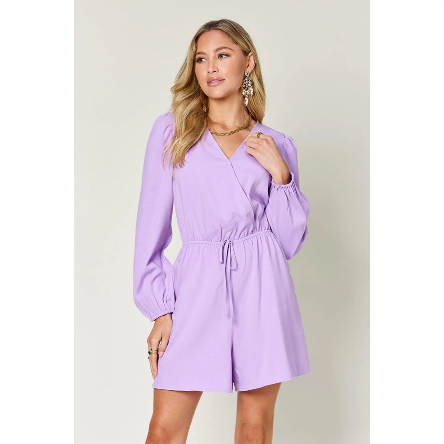 DOUBLE TAKE Full Size Lavender Drawstring Long Sleeve Romper