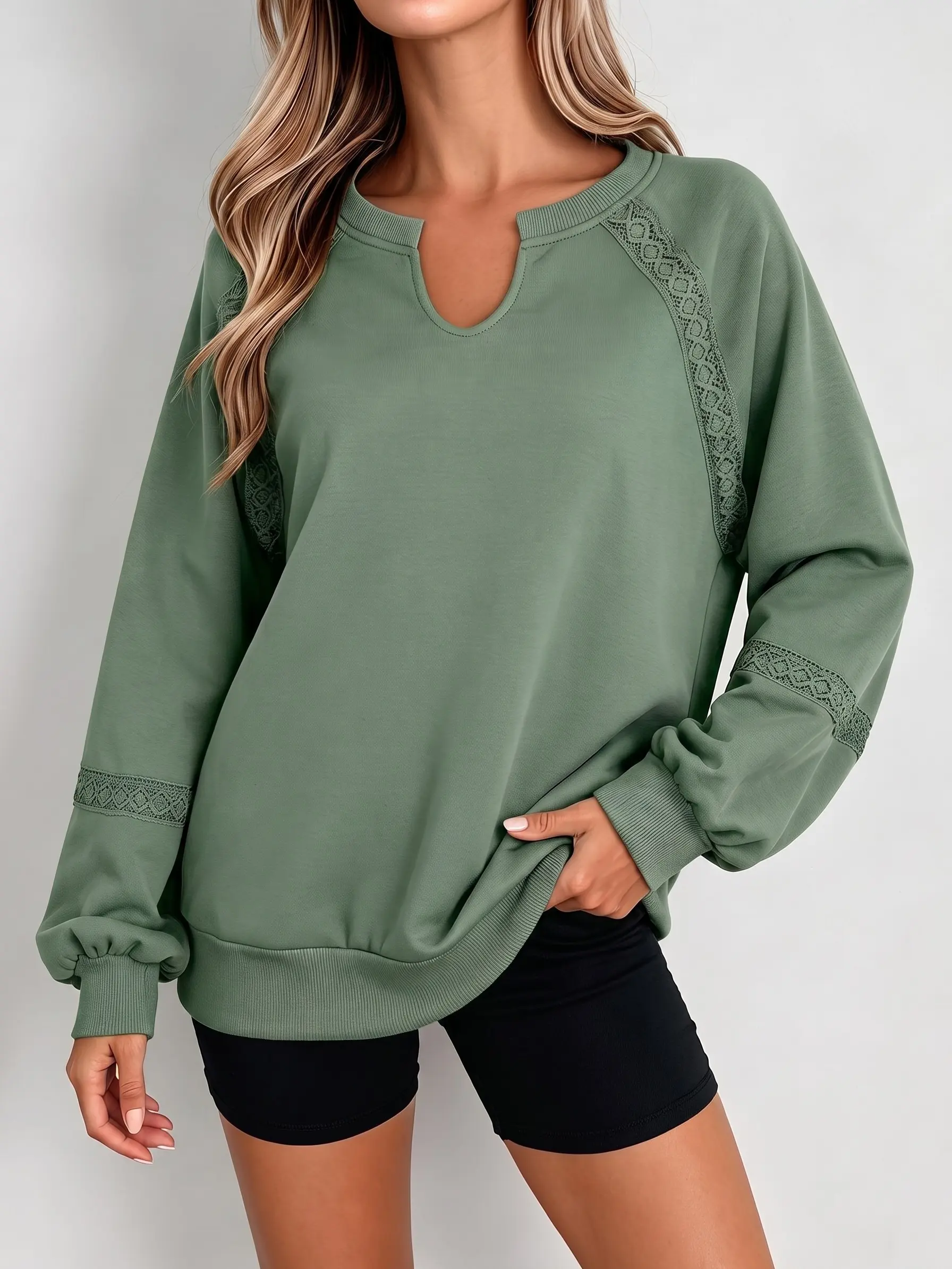 Shewin Women's Basic Lace Patchwork Raglan Sweatshirt - Notch Split Round Neck, Long Sleeves, Ribbed Cuff, Loose Cotton Pullover Tops for Everyday Casual Wear, Black