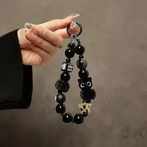 2026 Premium Black Plush Cat Phone Charm Portable Beaded Wristlet Chain For Outings Car Keychain And Bag Accessory With Adorable Cat Design Trendy All-Match Birthday Gift Party