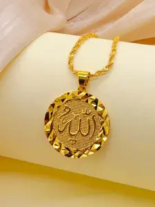 Vintage Islamic Style Pendant Necklace for Women, 24K Gold Plated Copper Round Disc Design, High-End Necklace, Perfect Gift for Girlfriend