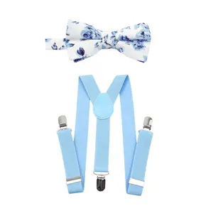 TIE MOOD White & Blue Floral Kid's Pre-Tied Bow Tie & Light Blue Suspenders