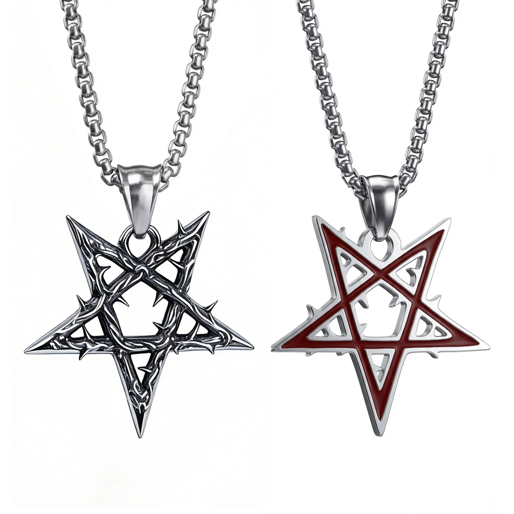 Satanic Pentagram Necklace - Handmade Upside Down Thorn Pentacle Pendant, Silver/Black/Red Satanism Church Punk Gothic Men Women Jewelry Gifts, 22" Satan Goat Necklace