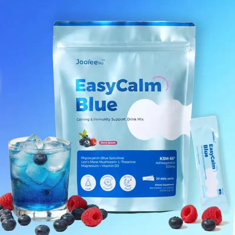 EasyCalm Blue Magnesium Drink Mix with KSM-66 Ashwagandha Blue Spirulina L-Theanine Lion's Mane GABA & Vitamin D3 | Supports Stress Calm Sleep & CortisolBalance I 20 Travel Packets