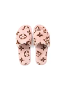 New Printed Plush Open-Toe Cotton Slide Slippers for Women, Indoor Outdoor Non-Slip Warm Soft Sole, Couple Home Shoes
