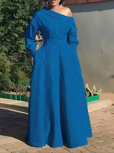 Plus Size Women's Dress, Colorblock Striped Print, Asymmetrical Neckline, Long Sleeve Fitted Shirt Dress, Pocket Design, Casual Fashion, Casual Wear, Womenswear, Lady