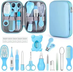 Baby Healthcare & Grooming Kit - Baby Safety Set Comb, Brush, Finger Toothbrush, Nail Clippers, Scissors, Nasal Aspirator - Nursery Care Kit (Blue)