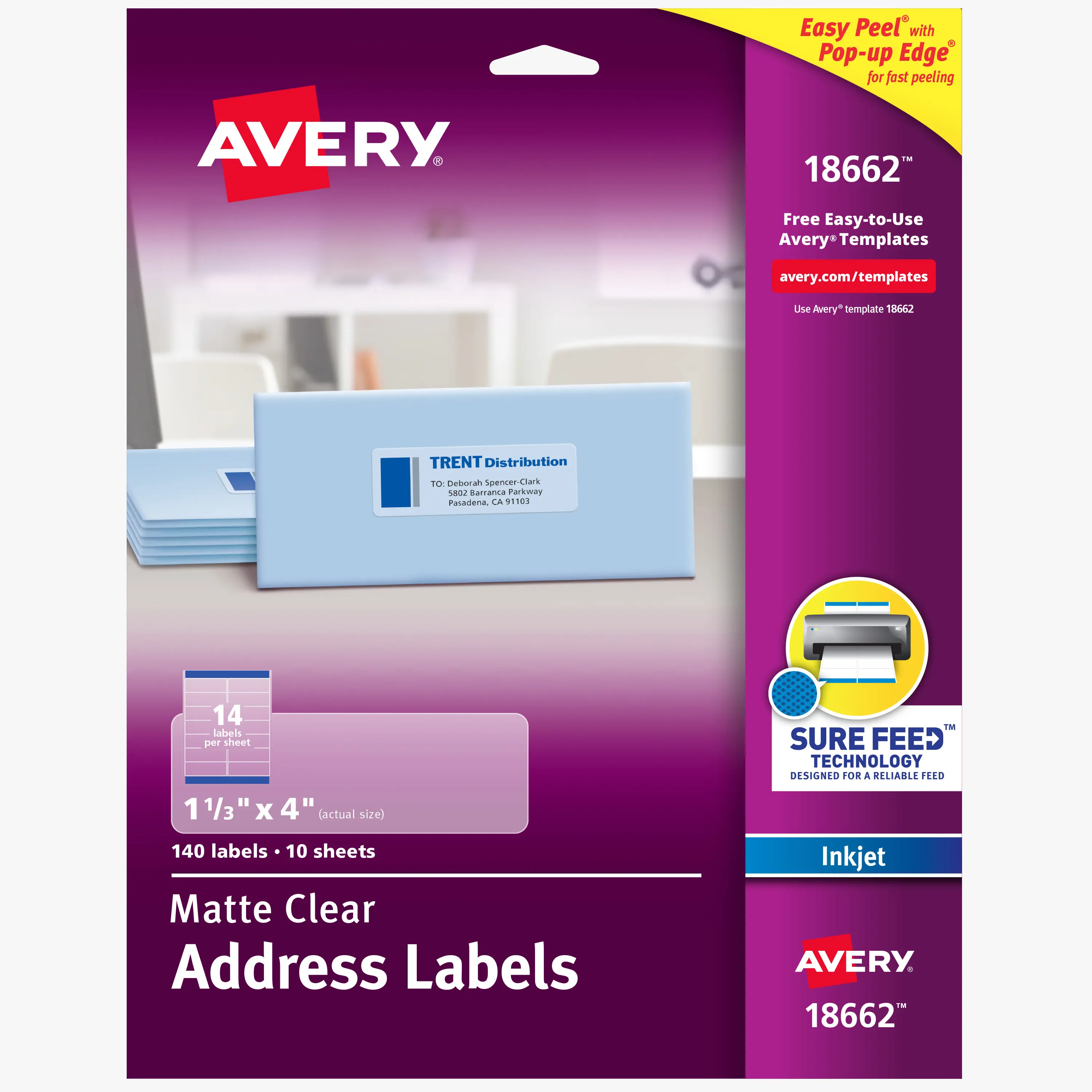 Avery Printable Address Labels, Sure Feed, 1-1/3" x 4", Matte Clear, Permanent Adhesive, Inkjet Printable, 140 Blank Mailing Labels (18662), Personalized Address Labels, Self Adhesive Labels